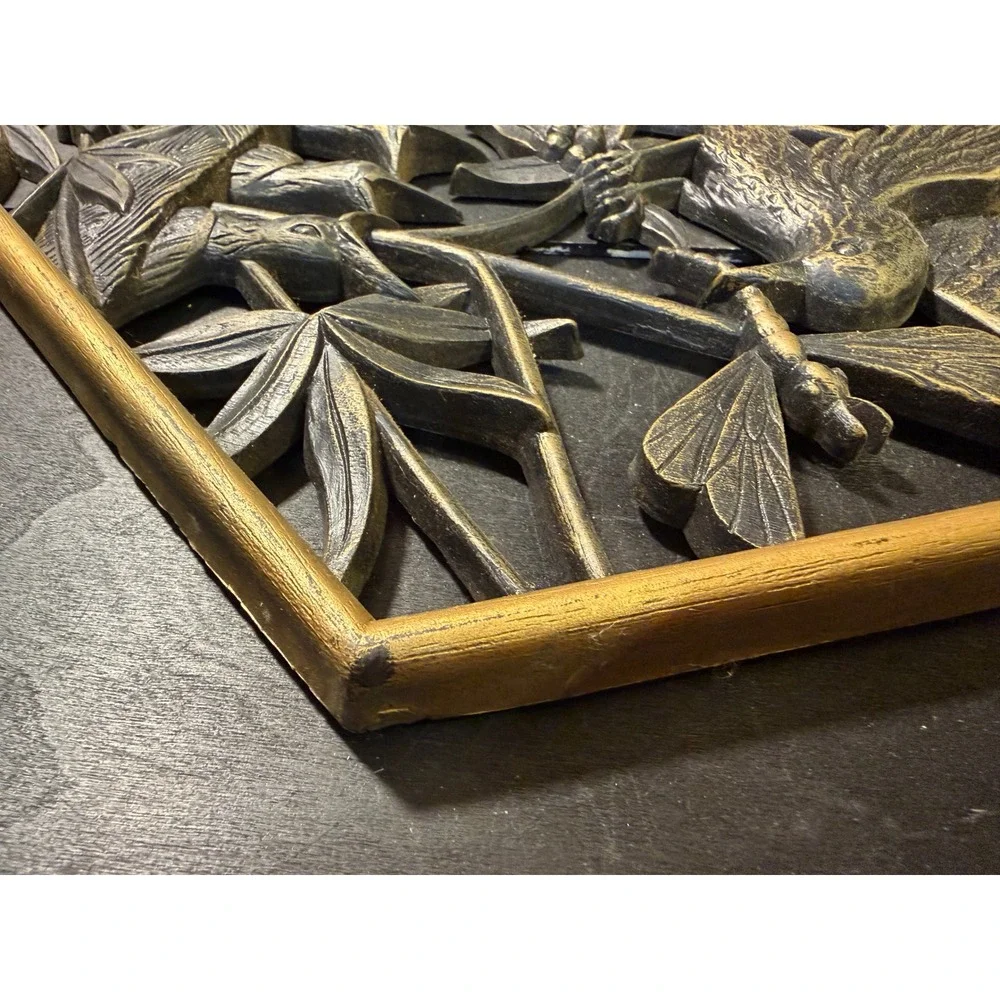 Vintage 1972 Burwood Products Bird Nest Dragonfly Diamond Wall Art Plaque Gold